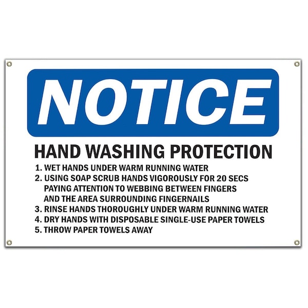 OSHA Notice Sign, Hand Washing Protection 1. Wet Hands Under, 60 in Banner, OS-NS-B-60-13217
